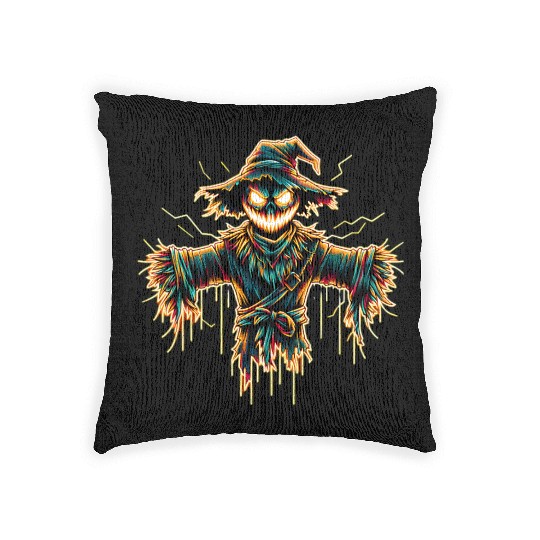 Neon Scarecrow – Haunted Harvest Glow Woven Pillows