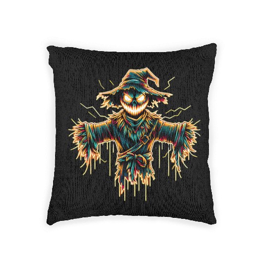 Neon Scarecrow – Haunted Harvest Glow Woven Pillows