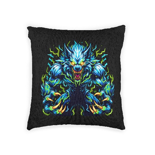 Neon Alpha Howler – Electric Werewolf Rage Woven Pillows
