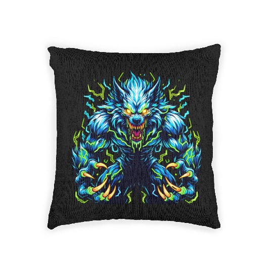 Neon Alpha Howler – Electric Werewolf Rage Woven Pillows