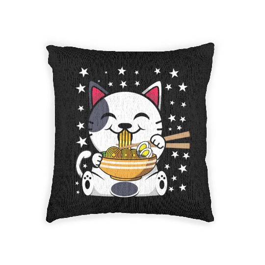 Cat Ramen Japanese Funny Japanese Kawaii Black Cat Woven Pillows