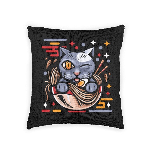 Cat Ramen Japanese Funny Japanese Kawaii Black Cat Woven Pillows