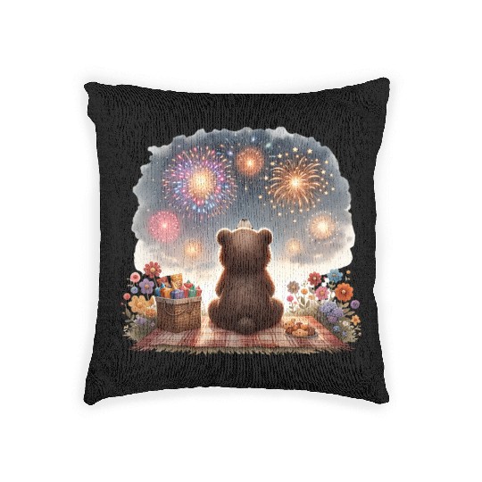 Fireworks Picnic Bear – Night Sky Celebration View Woven Pillows