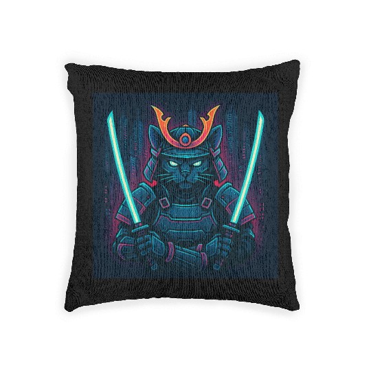 A futuristic samurai cat in neon armor with glo Woven Pillows