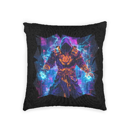 Bright Magician With Energy Aura In Neon Colors Woven Pillows