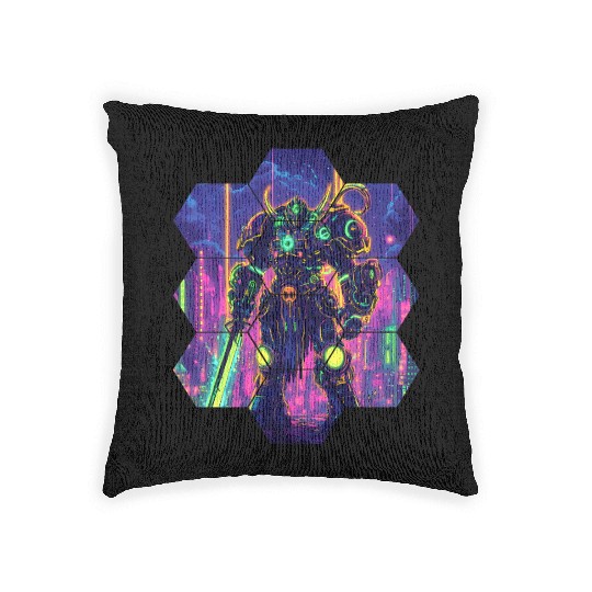 Bright Sci Fi Warrior In Neon Colors Woven Pillows