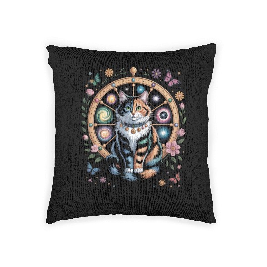 Wheel of Fortune Tarot Cat Art Woven Pillows