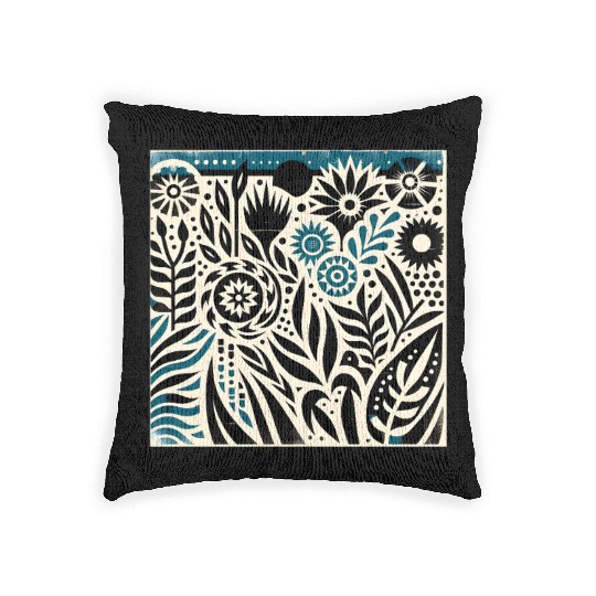 Teal & Black Floral Pattern Woven Pillows