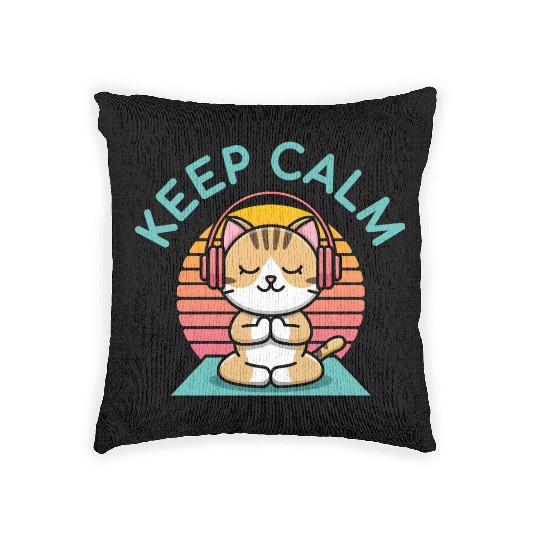 Keep Calm Retro Yoga Cat Lover Meditation Woven Pillows