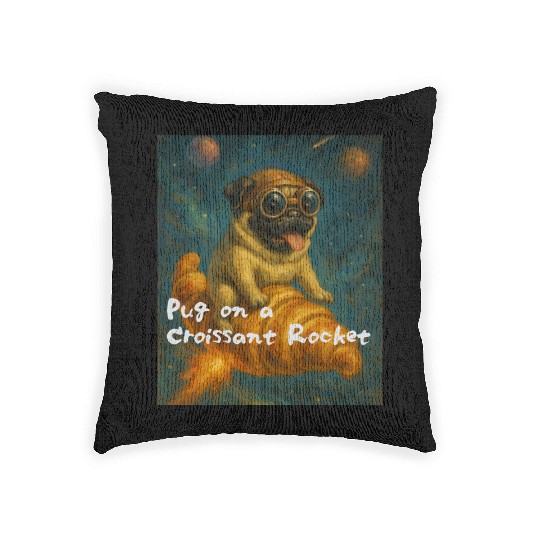 Pug on a Croissant Rocket Woven Pillows