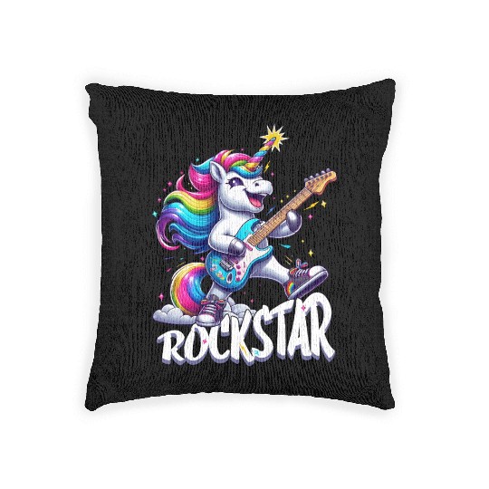 Rockstar Unicorn Playing Rainbow Guitar Woven Pillows