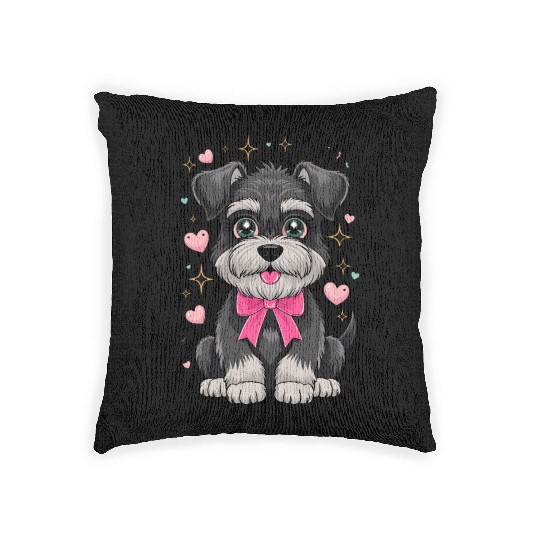 Cute Schnauzer With Pink Bow Surrounded by Hearts Woven Pillows