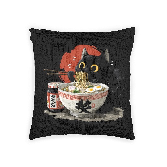 Black Cat Eating Ramen Japanese Funny Cat Woven Pillows