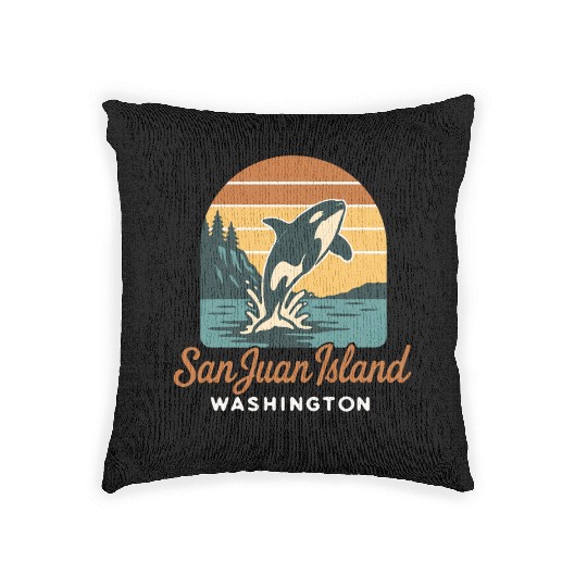 San Juan Island Washington Orca Whale Retro Sunset Woven Pillows