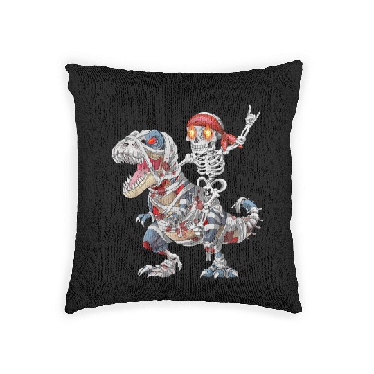 Rocker Skeleton Riding Mummy Dinosaur Halloween Woven Pillows