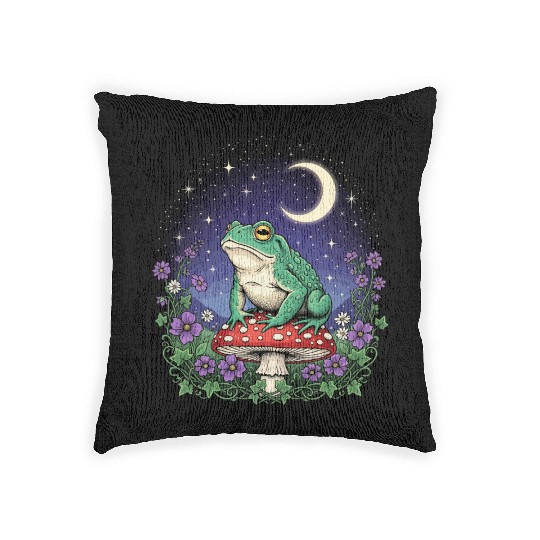 Green Frog on Red Mushroom - Starry Night Woven Pillows