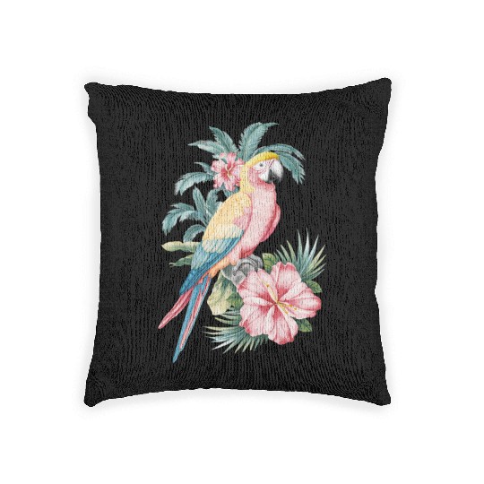 Tropical Parrot and Hibiscus Flowers Woven Pillows