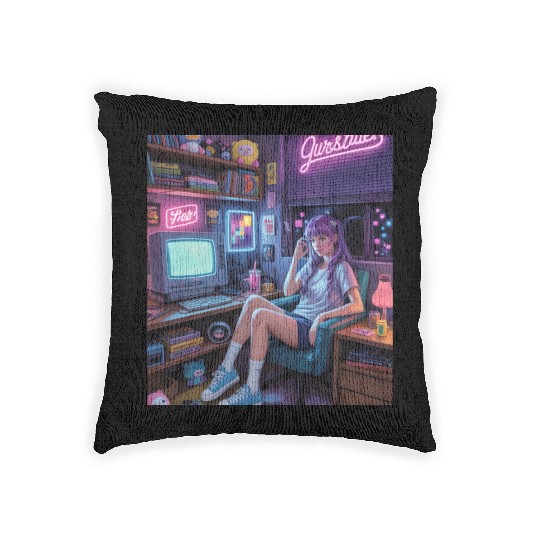 Y2K Gamer Girl Vibes – Retro Tech & Neon Room Aest Woven Pillows