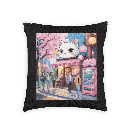 Tokyo Sakura Stroll – Cute Girl Under Cherry Bloss Woven Pillows