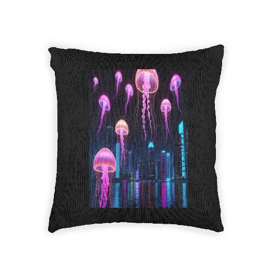 Neon Jellyfish Over Cyber City Woven Pillows