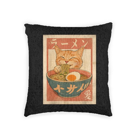 Cat Ramen Funny Japanese Vintage Woven Pillows