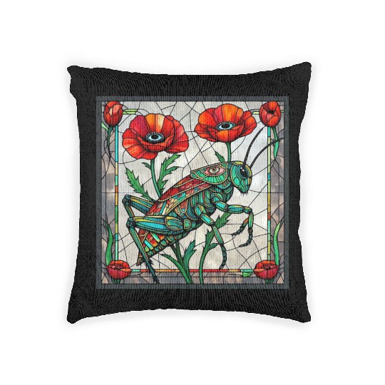 Grasshopper cricket stained glass poppy flower Woven Pillows