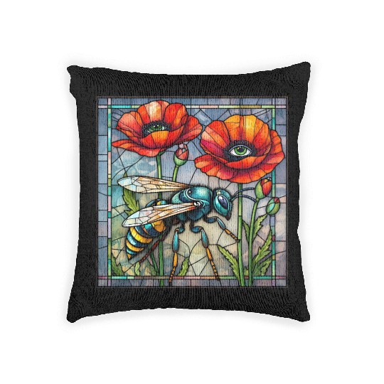 Wasp hornet bee stained glass vibrant poppy flower Woven Pillows