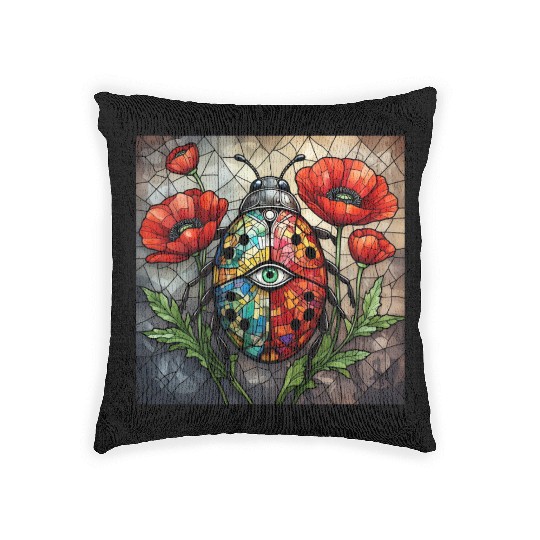 Ladybug stained glass vibrant poppy flower insect Woven Pillows