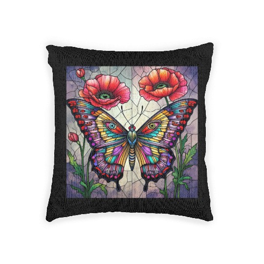 Butterfly stained glass design vibrant poppy Woven Pillows
