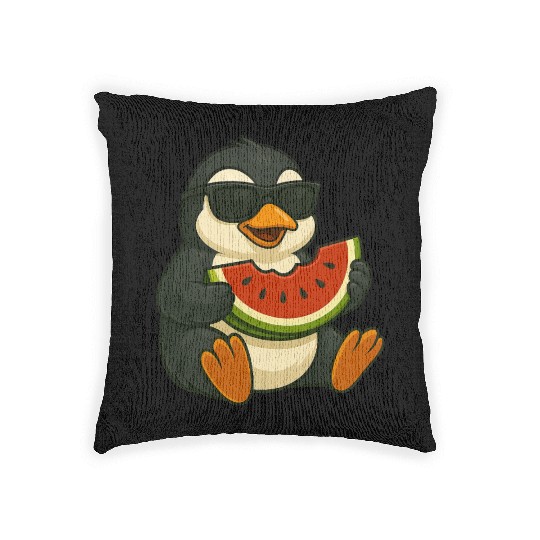 Cute penguin with watermelon fruit summer cartoon Woven Pillows