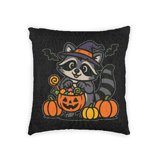 Cute Halloween Raccoon – Trick or Treat Candy Art Woven Pillows