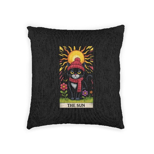 Grumpy Cat Tarot Card The Sun, Funny Cat Lover Woven Pillows