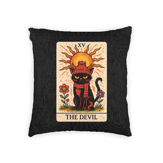 Devil Cat Tarot Card, Grumpy Cat Art, Mystical Woven Pillows