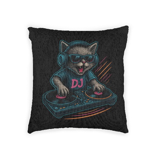 Funny Cat DJ Music Lover Turntable Vinyl Graphic Woven Pillows