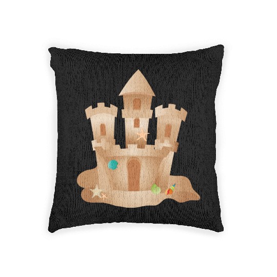 Sandcastle with Shells and Starfish on the Beach Woven Pillows