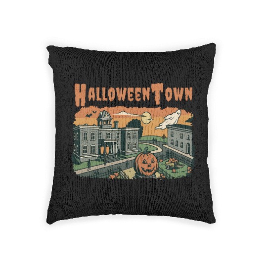 Halloweentown Spooky Sunset Scene – Vintage Hallow Woven Pillows