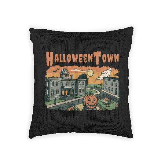 Halloweentown Spooky Sunset Scene – Vintage Hallow Woven Pillows