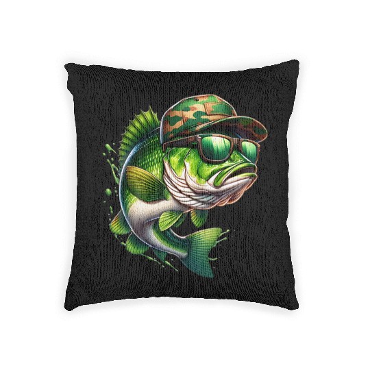 Camo Hat Bass Fish with Green Sunglasses Woven Pillows