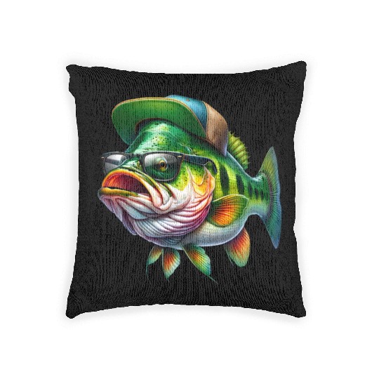 Cool Bass Fish with Green Hat and Glasses Woven Pillows