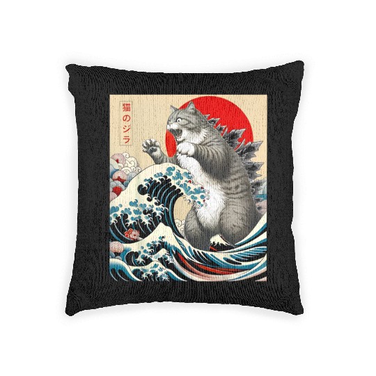 Catzilla Cat Japanese Art Funny Cat Woven Pillows