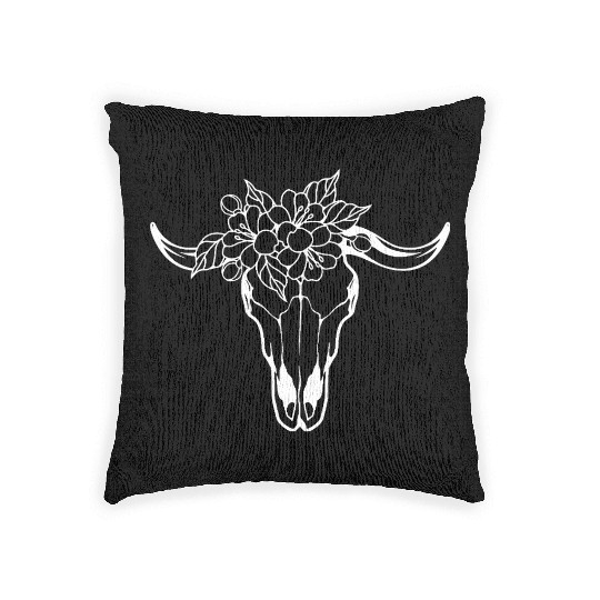 Floral Bull Skull Tattoo Design Woven Pillows