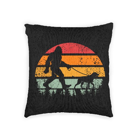 Bigfoot Running Dog Sunset Retro Woven Pillows