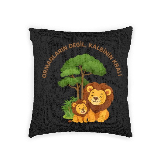 Joyful Lion and Cub Under Green Tree Woven Pillows