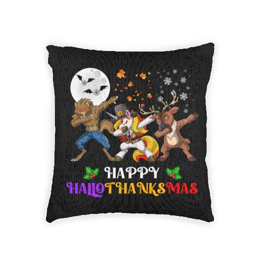 Happy Hallothanksmas Dabbing werewolf Unicorn Deer Woven Pillows