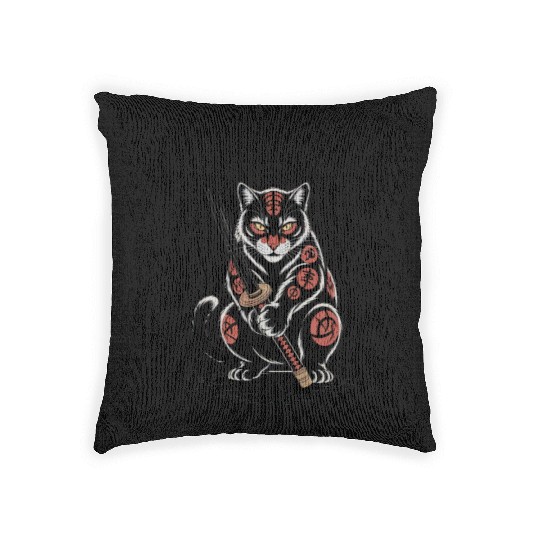 Mythical Japanese Warrior Cat Design Woven Pillows