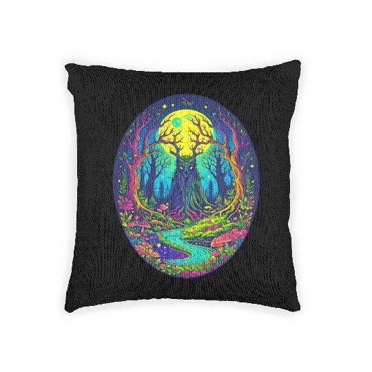 Psychedelic Forest Spirit – Glowing Tree Guardian Woven Pillows