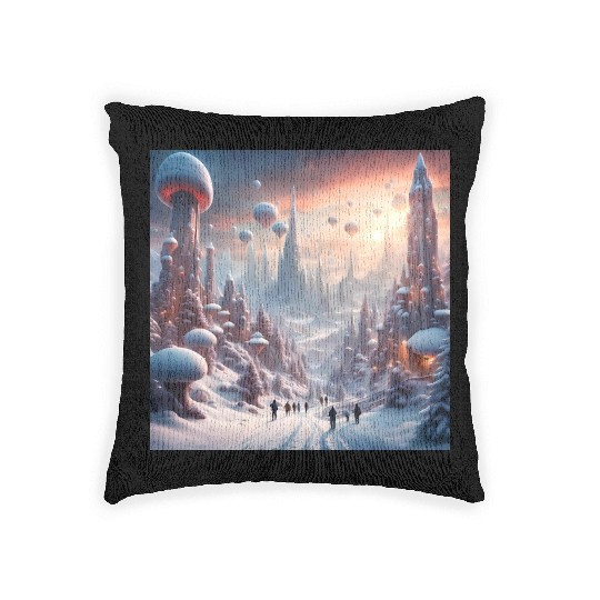 Futuristic Snowy Cityscape with Floating Balloons Woven Pillows