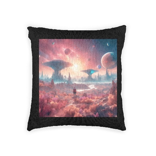 Alien Planet Explorer in Surreal Landscape Woven Pillows