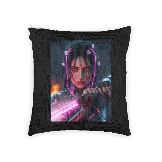 Cyberpunk Samurai Girl Woven Pillows