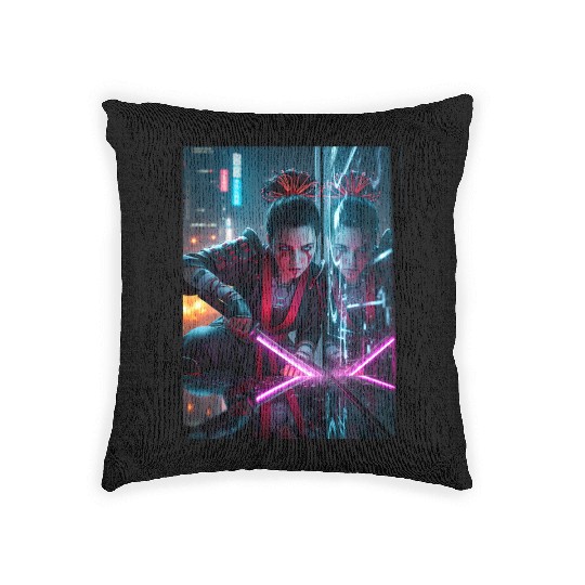 Cyberpunk Samurai Girl Woven Pillows